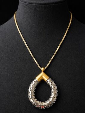 Vintage Two Tone Articulated Pendant Necklace Gold Silver Snake Mesh Choker